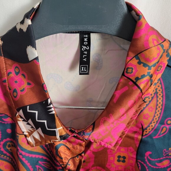 Two 2 Fly Blouse Eclectic 90s XL Grandmillenial Retro Y2K BOHO top snap closure - Picture 4 of 12